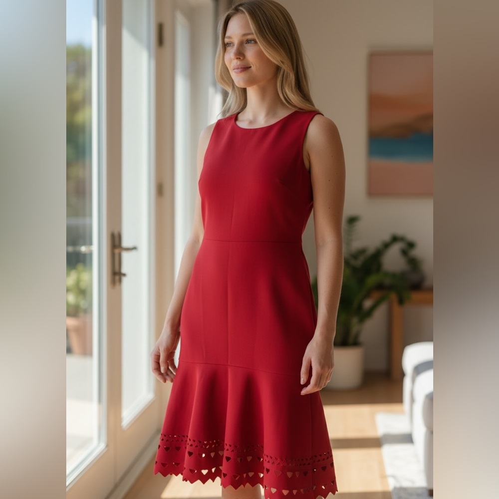 Ann Taylor Red Knit Sheath Dress Sleeveless Hemline Cutouts XSPetite NWT
